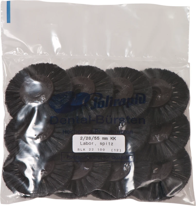 Labor Rundbürsten  Packung  12 Stück mit KK, 2-reihig, Chungking schwarz, spitz, Kern: Ø 28 mm, Außen: Ø 55 mm