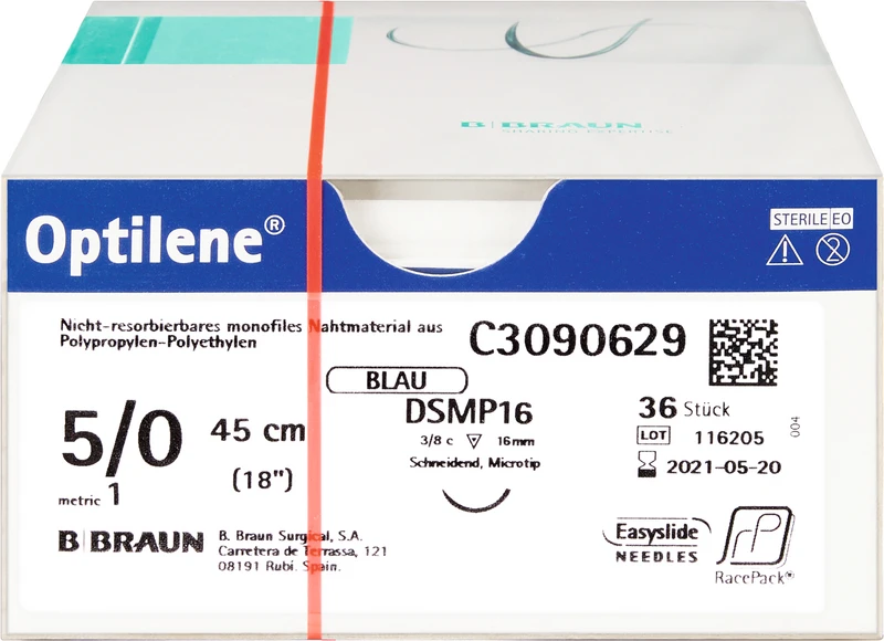 Optilene®  Packung  36 Stück blau, 45 cm, DSMP16, 3\8 Kreis, schneidend, Mikropräzision, 16 mm, USP 5\0