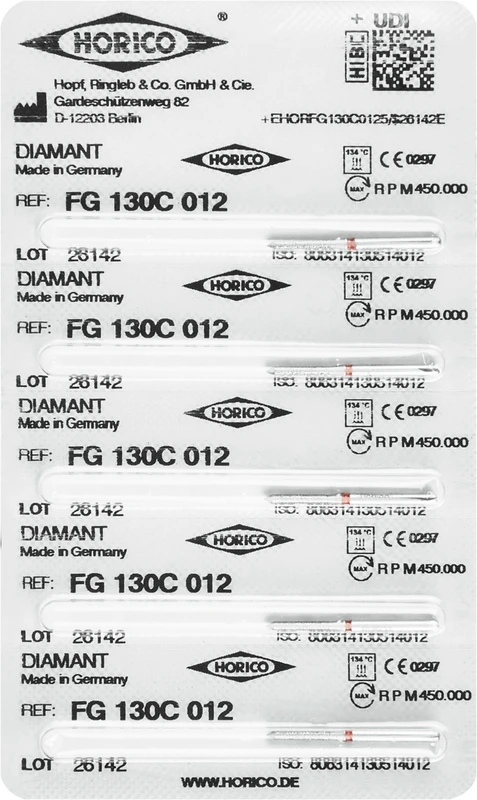 Diamantschleifer 130  Packung  5 Stück rot fein, FG, Figur 130, 8 mm, ISO 012