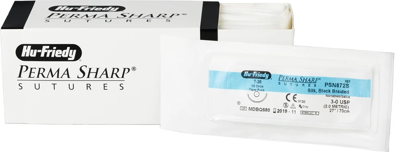 Perma Sharp Seide  Packung  12 Stück schwarz, 70 cm, T-28, 1\2 Kreis, Rundkörper, 17,5 mm, USP 3\0