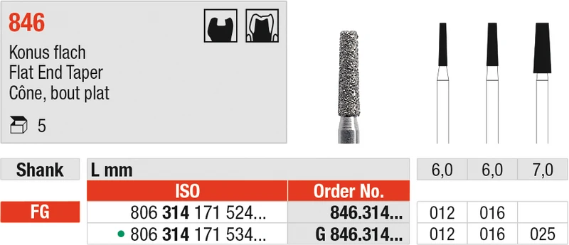 Diamanten 846  Packung  5 Stück Standard, FG, Figur 171 Konus flach, 6 mm, ISO 012