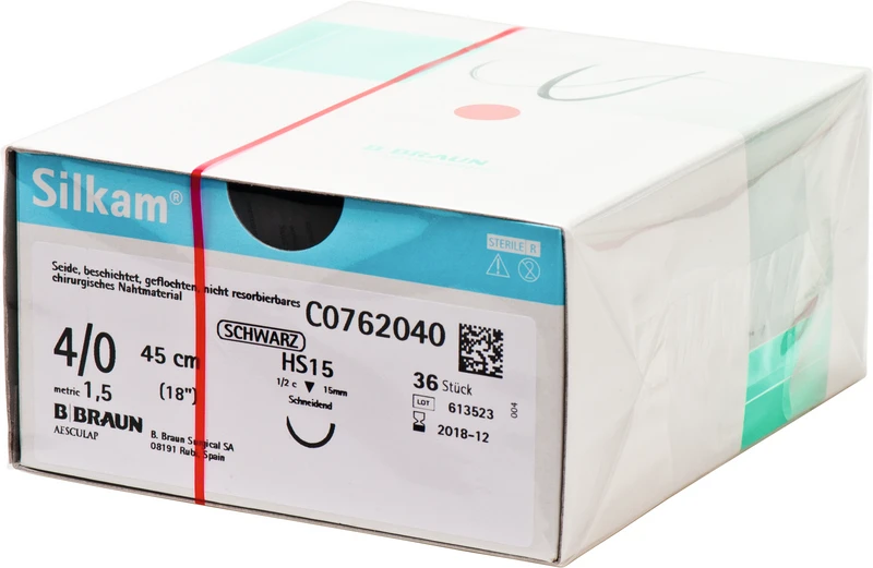 Silkam®  Packung  36 Stück schwarz, 45 cm, HS15, 1\2 Kreis, schneidend, 15 mm, USP 4\0