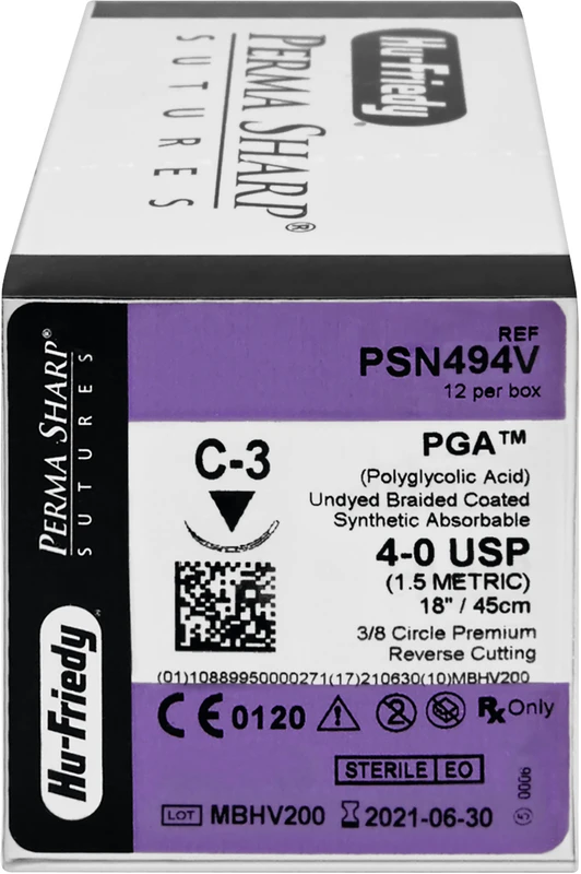 Perma Sharp PGA  Packung  12 Stück ungefärbt, 45 cm, C-3, 3\8 Kreis, schneidend, Premium-Rückstich, 13 mm, USP 4\0