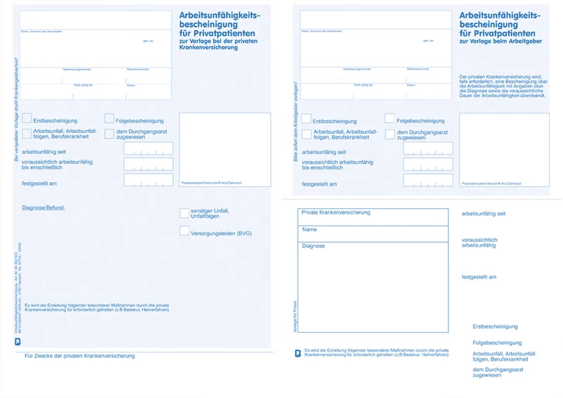 Arbeitsunfähigkeitsbescheinigung für Privatpatienten  Packung  25 Blatt blau