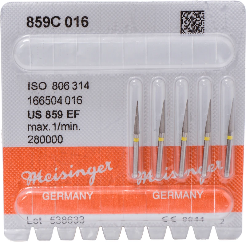 Diamanten 859  Packung  5 Stück gelb extra fein, FG, Figur 166 kon. spitz, 10 mm, ISO 016