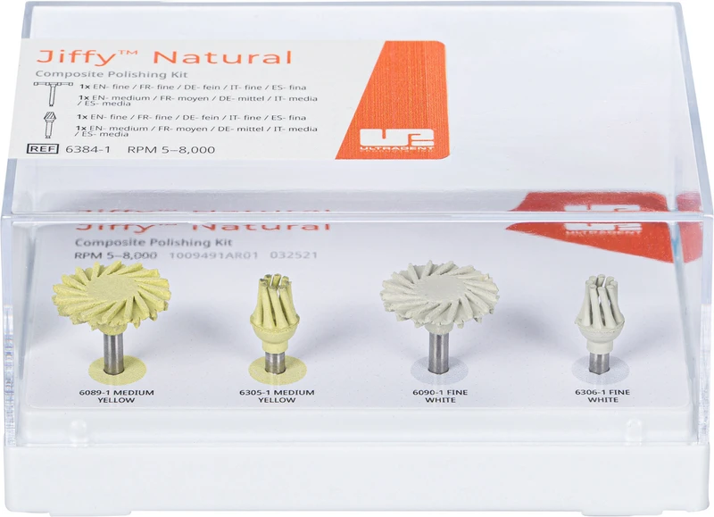 Jiffy Natural Composite  Polishing Kit  4 Stück (2 x mittel, 2 x fein), RA, 1 Plastik Block