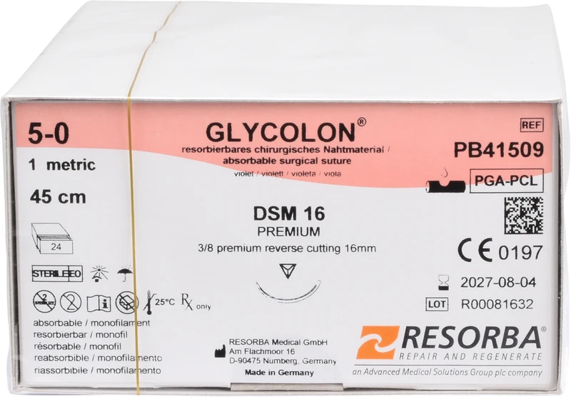 Glycolon® Oral  Packung  24 Stück violett, 45 cm, DSM16, 3\8 Kreis, außen schneidend, Premium-Schliff, 16 mm, USP 5\0