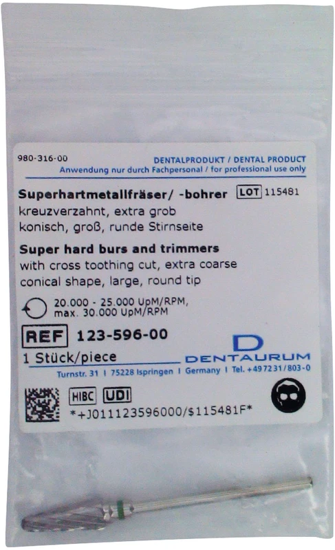 Superhartmetallfräser  Stück  kreuzverzahnt, grün grob, HP, Figur 194, konisch, runde Stirn, ISO 060