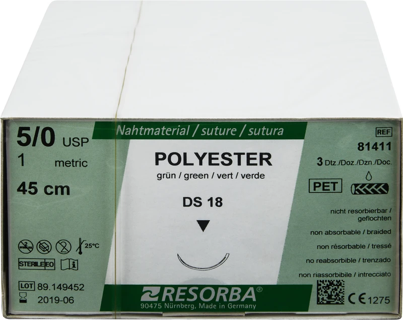 RESORBA® Polyester  Packung  36 Stück grün, 45 cm, DS24, 3\8 Kreis, außen schneidend, 24 mm, USP 5\0
