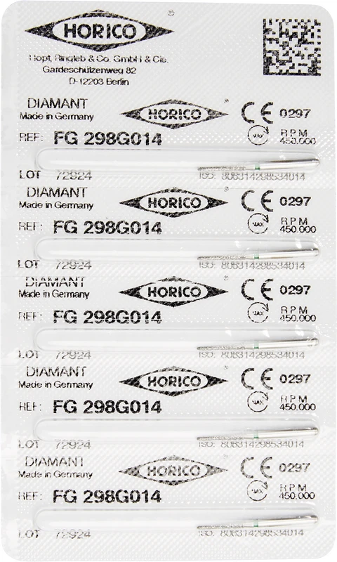 Diamantschleifer 298  Packung  5 Stück grün grob, FG, Figur 298, 8 mm, ISO 014