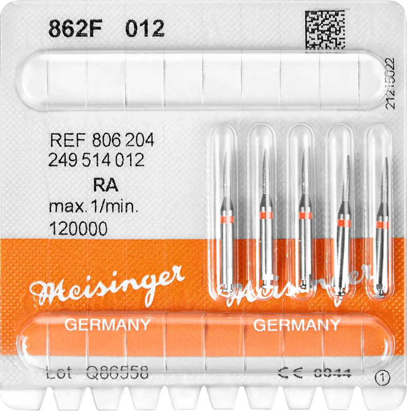 Diamanten 862  Packung  5 Stück rot fein, RA, Figur 249 Flamme, 8 mm, ISO 012