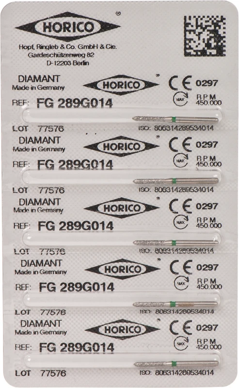 Diamantschleifer 289  Packung  5 Stück grün grob, FG, Figur 289, 8 mm, ISO 014