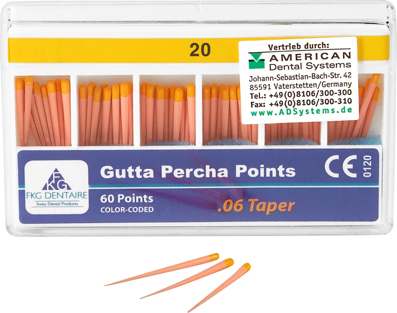 FKG Gutta Percha  Packung  60 Stück Taper.06 ISO 020