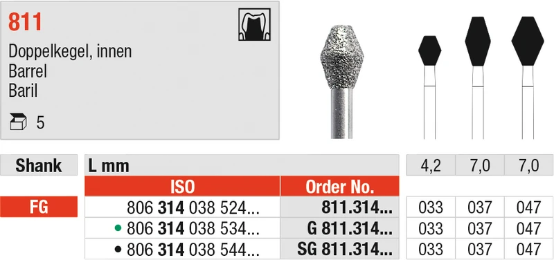 Diamanten 811  Packung  5 Stück schwarz supergrob, FG, Figur 038 Doppelkegel innen, 7 mm, ISO 047