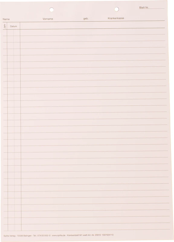 Krankenblatt M1   Stück  100 Blatt weiß, kopfgelocht, A5