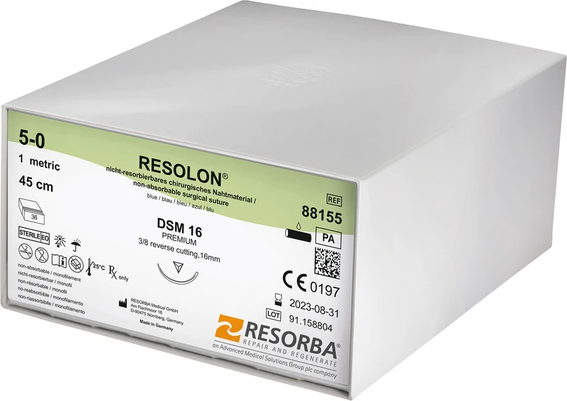 RESOLON®  Packung  36 Stück blau, 45 cm, DSM16, 3\8 Kreis, außen schneidend, 16 mm, USP 5\0