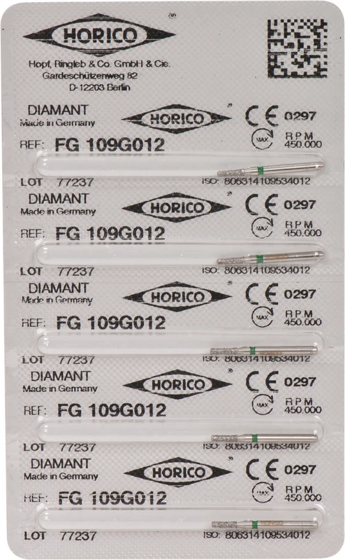 Diamantschleifer 109  Packung  5 Stück grün grob, FG, Figur 109, 4 mm, FG, Figur 109, 4 mm, ISO 012