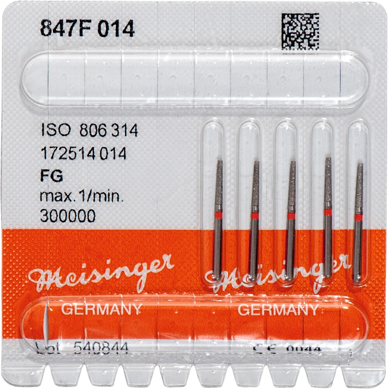 Diamanten 847  Packung  5 Stück rot fein, FG, Figur 172 Konus Kante scharf, 8 mm, ISO 014