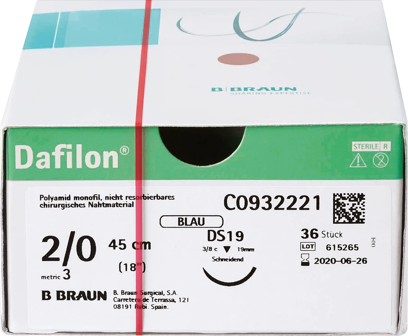 Dafilon®  Packung  36 Stück blau, 45 cm, DS19, 3\8 Kreis, schneidend, 19 mm, USP 2\0