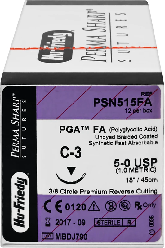 Perma Sharp PGA FA  Packung  12 Stück ungefärbt, 45 cm, C-3, 3\8 Kreis, schneidend, Premium-Rückstich, 13 mm, USP 5\0