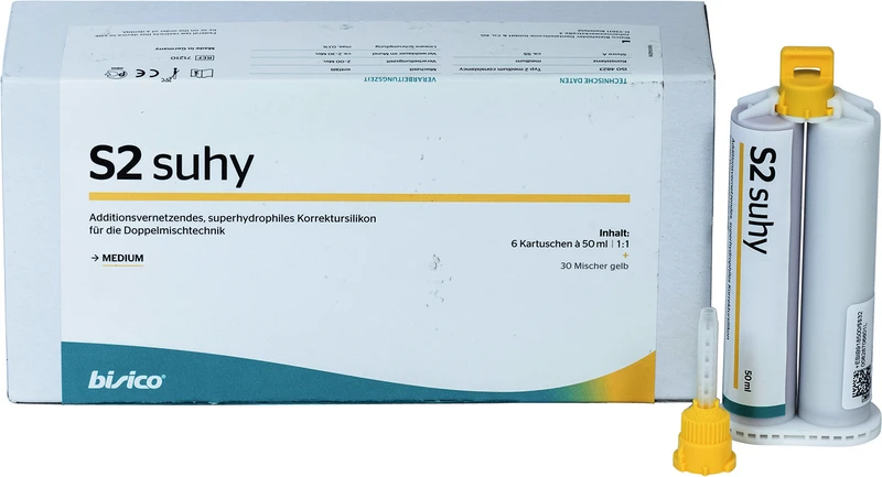 S2 suhy  Packung  6 x 50 ml Doppelkartusche medium, 30 Mischer gelb