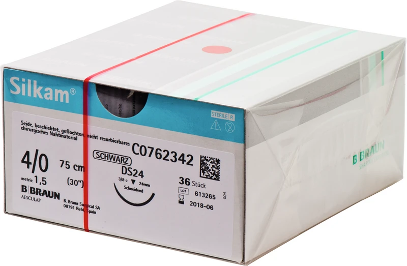 Silkam®  Packung  36 Stück schwarz, 75 cm, DS24, 3\8 Kreis, schneidend, 24 mm, USP 4\0