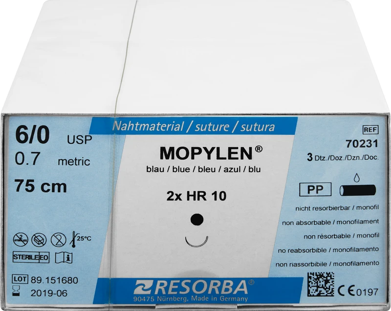 MOPYLEN®  Packung  36 Stück blau, 75 cm, HR10, 1\2 Kreis, Rundkörper, 10 mm, USP 6\0