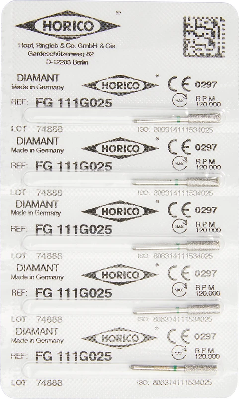 Diamantschleifer 111  Packung  5 Stück grün grob, FG, Figur 111, 8 mm, ISO 025