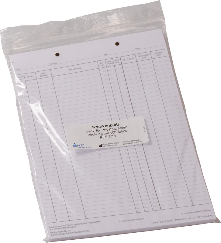 Krankenblatt  Packung  100 Stück weiß, für Privatpatienten