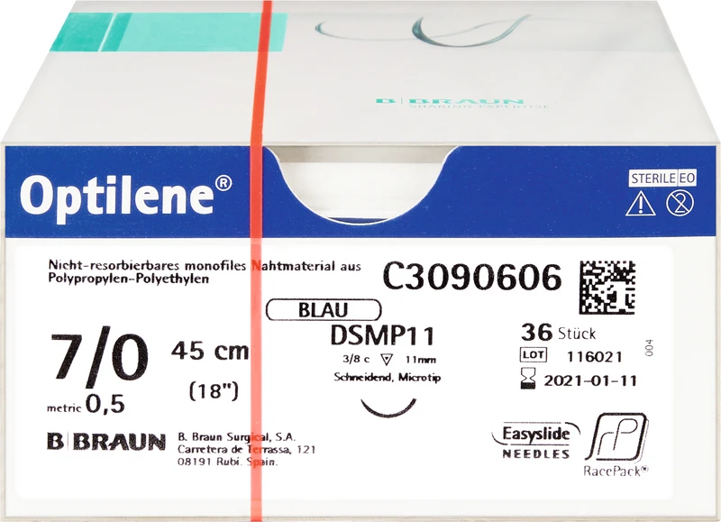 Optilene®  Packung  36 Stück blau, 45 cm, DSMP11, 3\8 Kreis, schneidend, Mikropräzision, 11 mm, USP 7\0