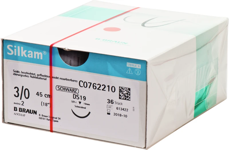 Silkam®  Packung  36 Stück schwarz, 45 cm, DS19, 3\8 Kreis, schneidend, 19 mm, USP 3\0