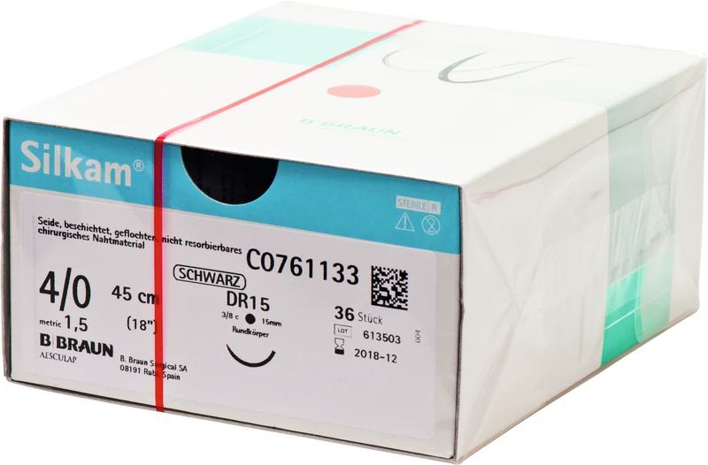 Silkam®  Packung  36 Stück schwarz, 45 cm, DR15, 3\8 Kreis, Rundkörper, 15 mm, USP 4\0