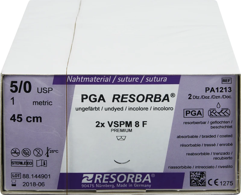 RESORBA® PGA  Packung  24 Stück ungefärbt, 45 cm, VSPM8F, 1\4 Kreis Spatula, Premium-Schliff, 8 mm, USP 5\0
