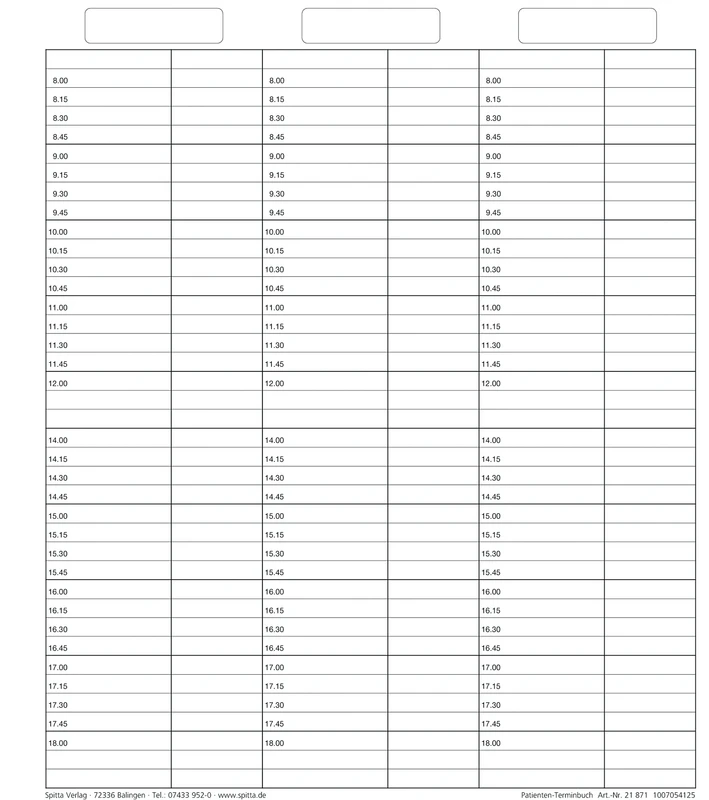 Terminbucheinlagen 6-spaltig   Packung  50 Stück normal, mit Uhrzeit