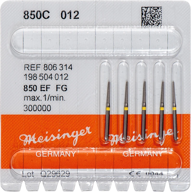 Diamanten 850  Packung  5 Stück gelb extra fein, FG, Figur 198 Konus rund, 8 mm ISO 012