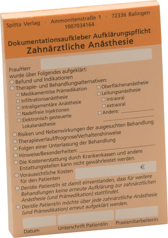 Dokumentationsaufkleber Aufklärungspflicht   Stück  50 Blatt Anästhesie, orange