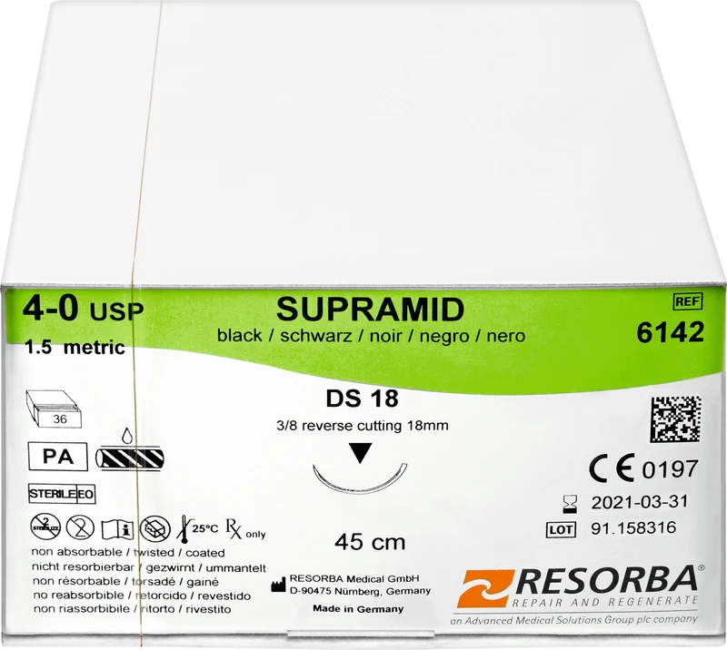 RESORBA® Supramid  Packung  36 Stück schwarz, 45 cm, DS18, 3\8 Kreis, außen schneidend, 18 mm, USP 4\0