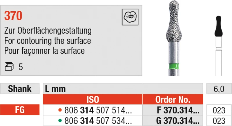 Diamanten 370  Packung  5 Stück rot fein, FG, Figur 507, 6 mm, ISO 023
