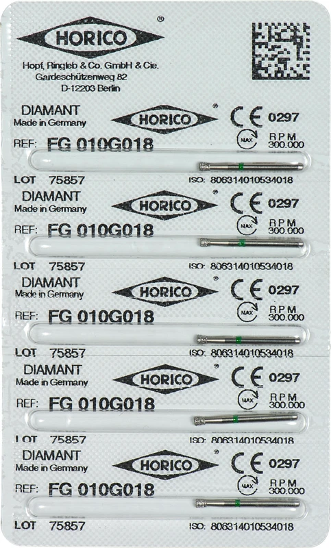 Diamantschleifer 010  Packung  5 Stück grün grob, FG, Figur 010, 1,6 mm, ISO 018