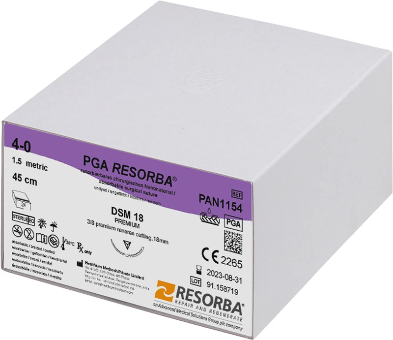 RESORBA® PGA  Packung  24 Stück ungefärbt, 45 cm, DSM18, 3\8 Kreis, außen schneidend, Premium-Schliff, 18 mm, USP 4\0