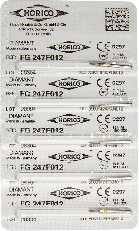 Diamantschleifer 247  Packung  5 Stück gelb x-fein, FG, Figur 247, 4 mm, ISO 012