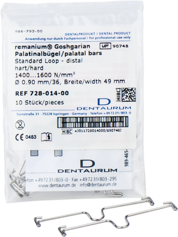 remanium® Palatinalbügel  Packung  10 Stück mit Häkchen, Länge 49 mm