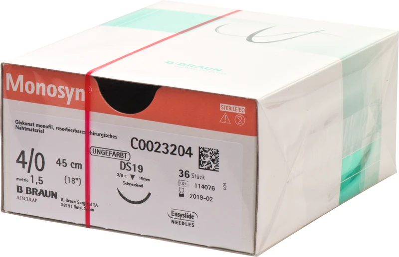 Monosyn®  Packung  36 Stück ungefärbt, 45 cm, DS19, 3\8 Kreis, schneidend, 19 mm, USP 4\0