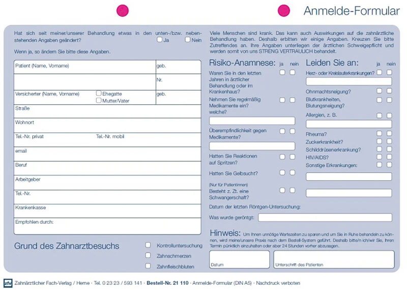 Anmelde-Formular   Packung  100 Stück