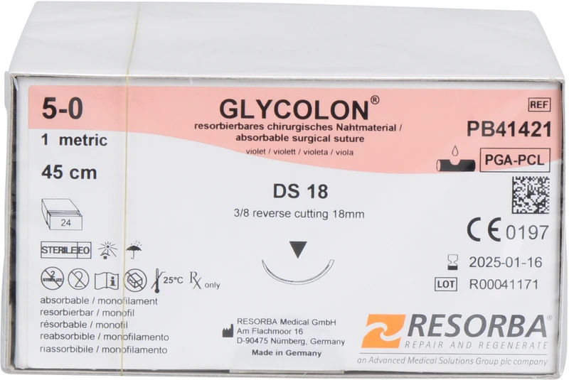 Glycolon® Oral  Packung  24 Stück violett, 45 cm, DS18, 3\8 Kreis, außen schneidend, Premium-Schliff, 18 mm, USP 5\0