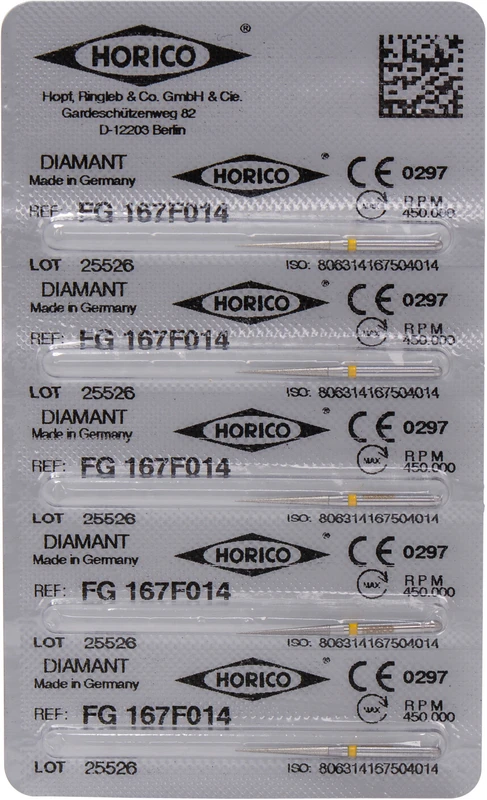 Diamantschleifer 167  Packung  5 Stück gelb x-fein, FG, Figur 167, 11,5 mm, ISO 014