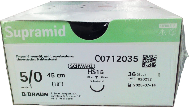 Supramid  Packung  36 Stück schwarz, 45 cm, HS15, 1\2 Kreis, schneidend, 15 mm, USP 5\0