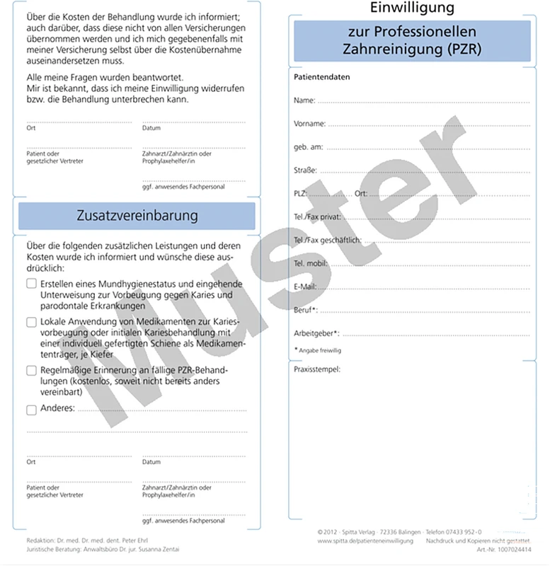 Einwilligungsbögen   Packung  50 Stück zur professionellen Zahnreinigung