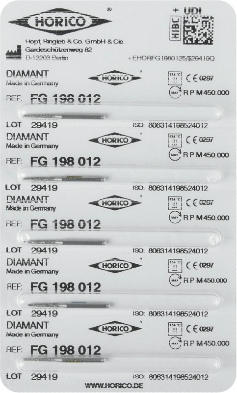Diamantschleifer 198  Packung  5 Stück FG, Figur 198, 8 mm, ISO 012