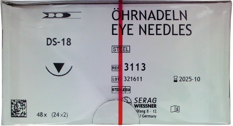Federöhrnadeln   Packung  24 Stück x 2 Nadeln DS-18, 3\8 Kreis, schneidender Nadelkörper, 18 mm